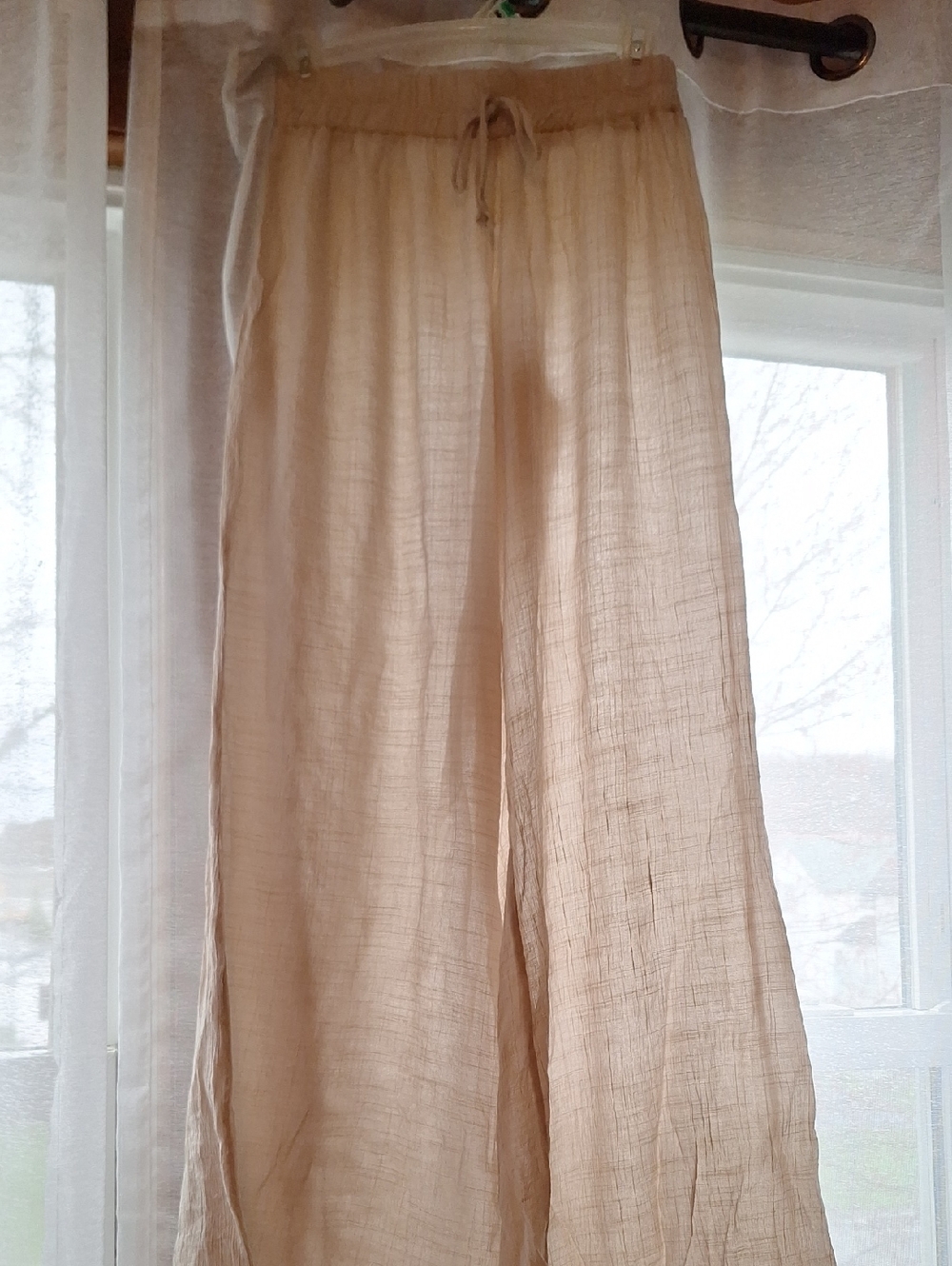 Lightweight Beige Linen Wide-Leg Cover Up Pants